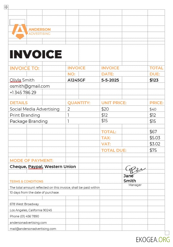 Modèle de facture d'agence de publicité template